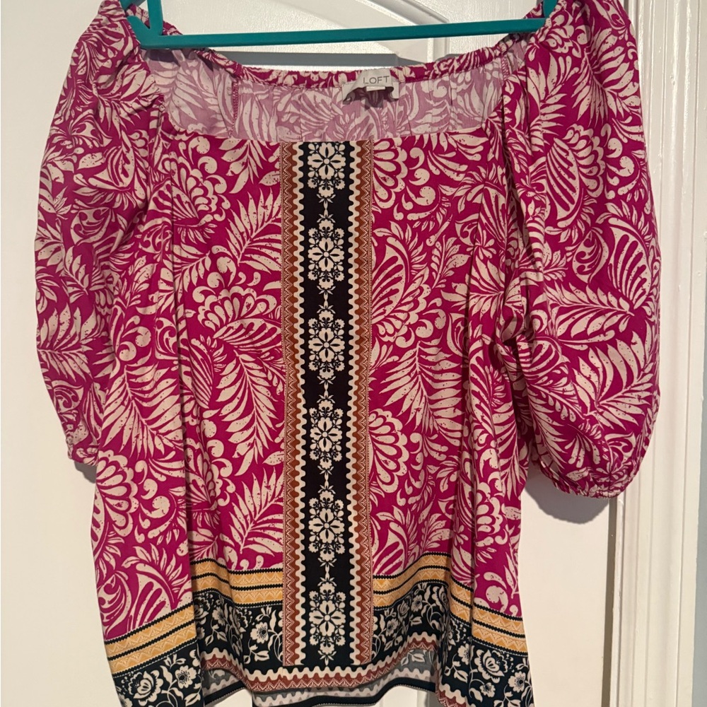 LOFT Pink Puff Sleeve Blouse with 3/4 Length